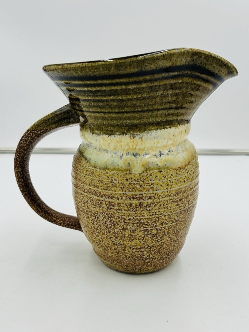 Art Studio Pottery 8" Pitcher Stoneware Speckle Brown Glaze Signed MCM